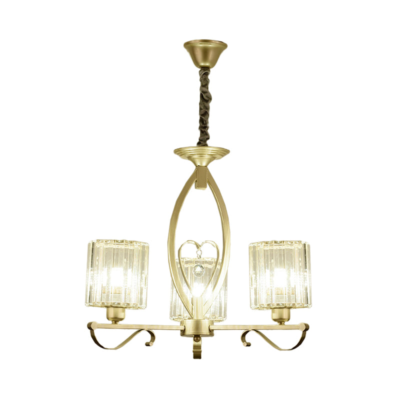 Gold Cylinder Pendant Chandelier Modern Crystal Block 3/6 Lights Living Room Ceiling Light Clearhalo 'Ceiling Lights' 'Chandeliers' 'Modern Chandeliers' 'Modern' Lighting' 883034