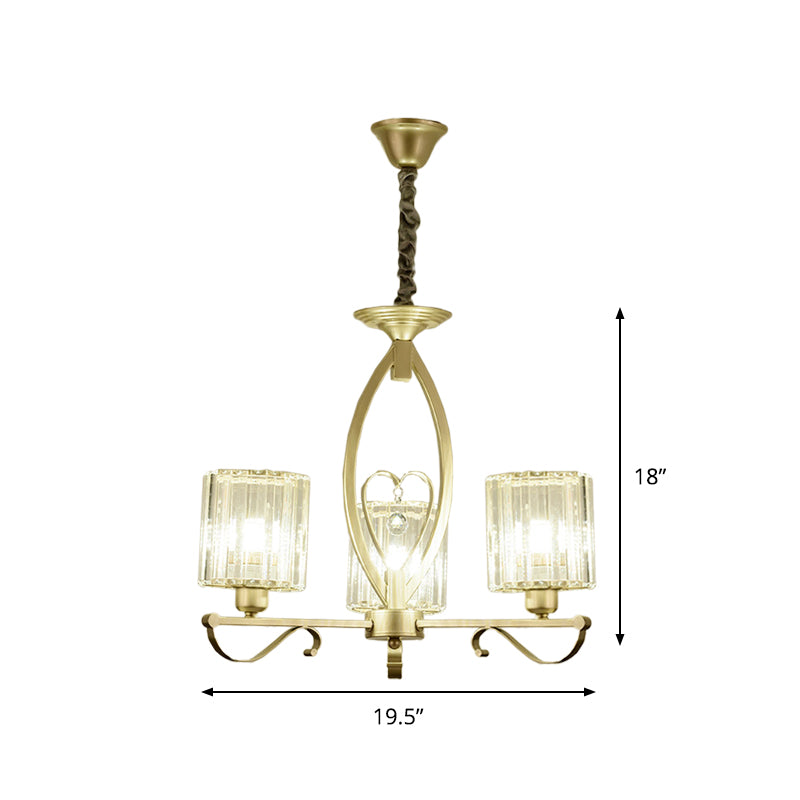 Gold Cylinder Pendant Chandelier Modern Crystal Block 3/6 Lights Living Room Ceiling Light Clearhalo 'Ceiling Lights' 'Chandeliers' 'Modern Chandeliers' 'Modern' Lighting' 883035