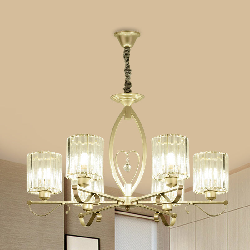 Gold Cylinder Pendant Chandelier Modern Crystal Block 3/6 Lights Living Room Ceiling Light 6 Gold Clearhalo 'Ceiling Lights' 'Chandeliers' 'Modern Chandeliers' 'Modern' Lighting' 883036