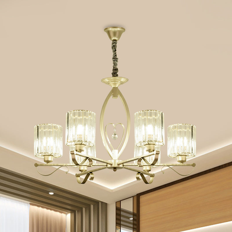 Gold Cylinder Pendant Chandelier Modern Crystal Block 3/6 Lights Living Room Ceiling Light Clearhalo 'Ceiling Lights' 'Chandeliers' 'Modern Chandeliers' 'Modern' Lighting' 883037