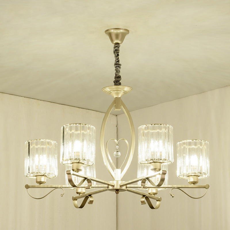 Gold Cylinder Pendant Chandelier Modern Crystal Block 3/6 Lights Living Room Ceiling Light Clearhalo 'Ceiling Lights' 'Chandeliers' 'Modern Chandeliers' 'Modern' Lighting' 883038