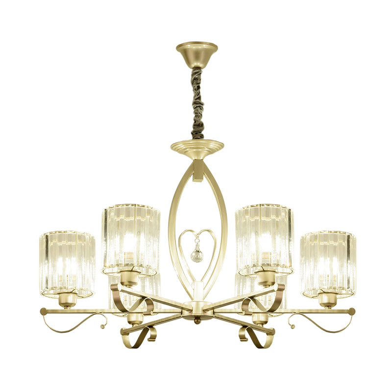 Gold Cylinder Pendant Chandelier Modern Crystal Block 3/6 Lights Living Room Ceiling Light Clearhalo 'Ceiling Lights' 'Chandeliers' 'Modern Chandeliers' 'Modern' Lighting' 883039