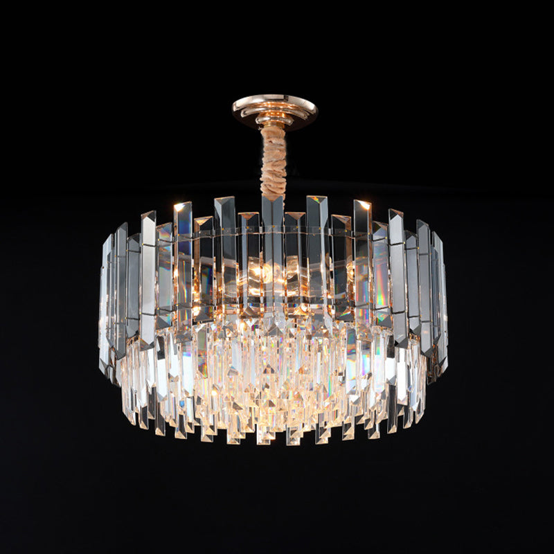 Dual-Layered Dining Room Chandelier Modernist Clear and Smoke Gray Crystal 9-Bulb Gold Pendant Clearhalo 'Ceiling Lights' 'Chandeliers' 'Modern Chandeliers' 'Modern' Lighting' 883043