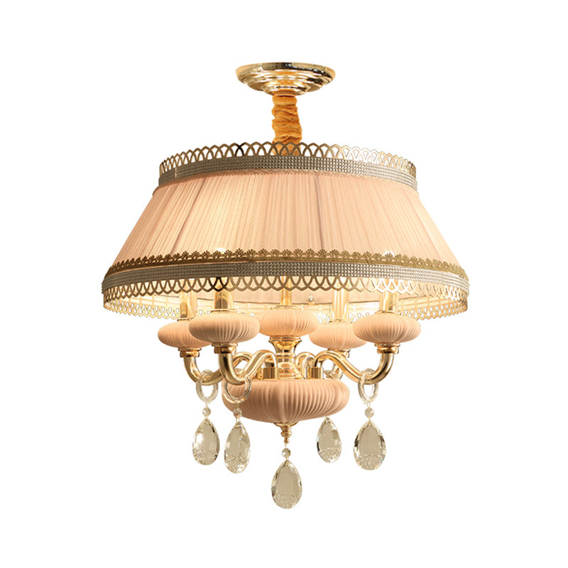 Fabric Pink/Blue Ceiling Lamp Drum 4 Lights Rustic Chandelier Pendant Light with Crystal Drop Clearhalo 'Ceiling Lights' 'Chandeliers' Lighting' options 883050