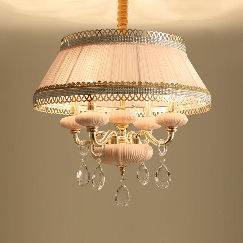 Fabric Pink/Blue Ceiling Lamp Drum 4 Lights Rustic Chandelier Pendant Light with Crystal Drop Clearhalo 'Ceiling Lights' 'Chandeliers' Lighting' options 883051