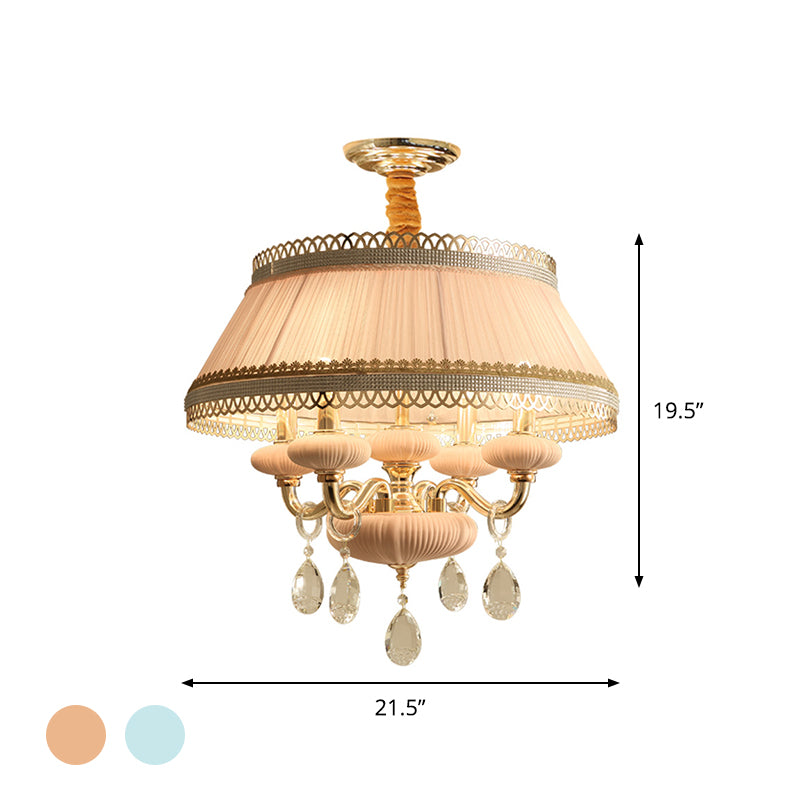 Fabric Pink/Blue Ceiling Lamp Drum 4 Lights Rustic Chandelier Pendant Light with Crystal Drop Clearhalo 'Ceiling Lights' 'Chandeliers' Lighting' options 883052