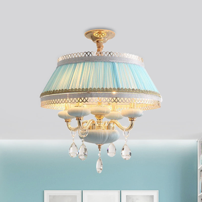 Fabric Pink/Blue Ceiling Lamp Drum 4 Lights Rustic Chandelier Pendant Light with Crystal Drop Clearhalo 'Ceiling Lights' 'Chandeliers' Lighting' options 883053