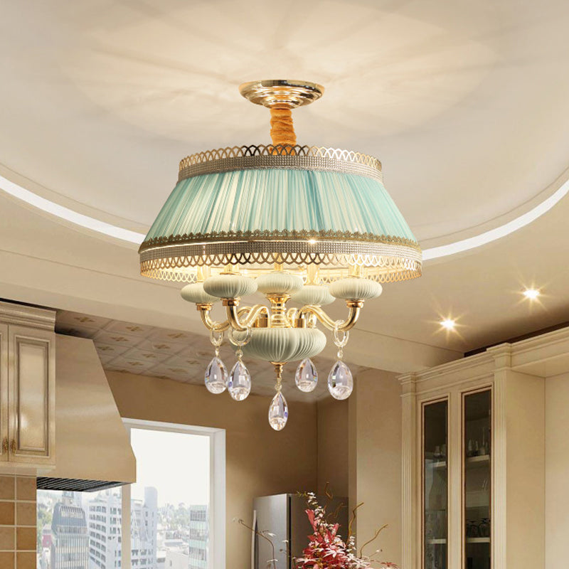 Fabric Pink/Blue Ceiling Lamp Drum 4 Lights Rustic Chandelier Pendant Light with Crystal Drop Clearhalo 'Ceiling Lights' 'Chandeliers' Lighting' options 883054