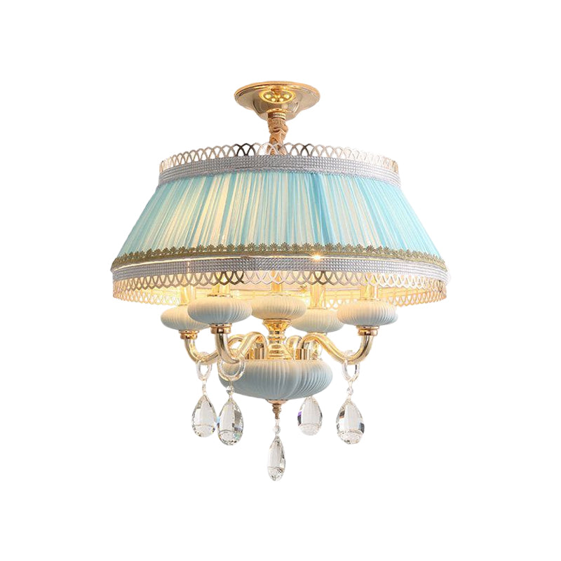 Fabric Pink/Blue Ceiling Lamp Drum 4 Lights Rustic Chandelier Pendant Light with Crystal Drop Clearhalo 'Ceiling Lights' 'Chandeliers' Lighting' options 883055