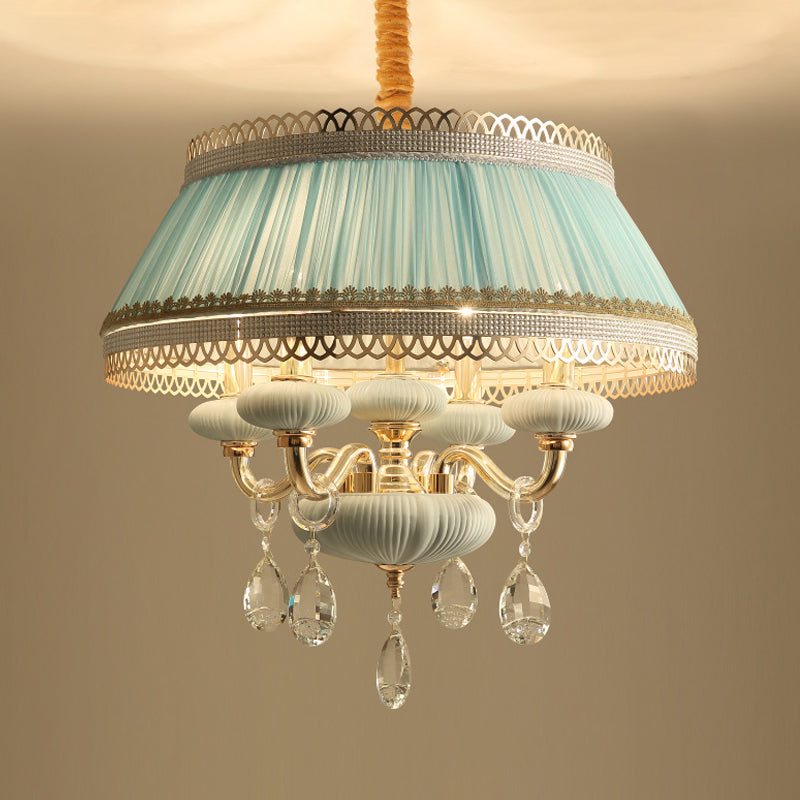 Fabric Pink/Blue Ceiling Lamp Drum 4 Lights Rustic Chandelier Pendant Light with Crystal Drop Clearhalo 'Ceiling Lights' 'Chandeliers' Lighting' options 883056