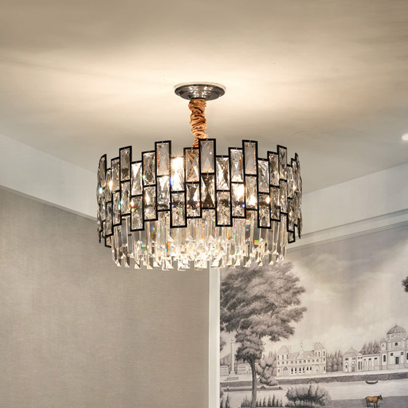 Black 9-Head Suspension Lamp Contemporary Clear Crystal Prism Dual-Layered Chandelier Black Clearhalo 'Ceiling Lights' 'Chandeliers' 'Modern Chandeliers' 'Modern' Lighting' 883065