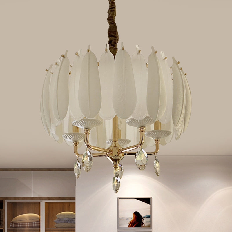 Candle Crystal Pendant Minimalism 5 Bulbs Bedroom Chandelier in White with Glass and Ceramic Feather Clearhalo 'Ceiling Lights' 'Chandeliers' 'Modern Chandeliers' 'Modern' Lighting' 883070