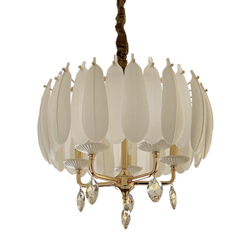 Candle Crystal Pendant Minimalism 5 Bulbs Bedroom Chandelier in White with Glass and Ceramic Feather Clearhalo 'Ceiling Lights' 'Chandeliers' 'Modern Chandeliers' 'Modern' Lighting' 883071