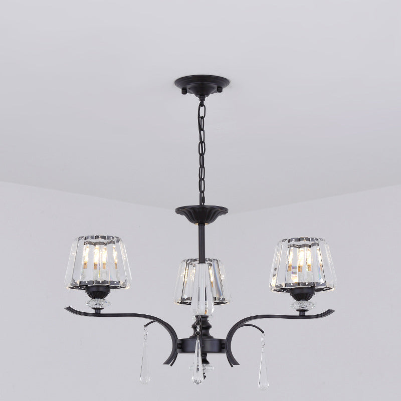 Crystal Block Cone Chandelier Modernism 3/6-Bulb Bedroom Ceiling Suspension Lamp in Black Clearhalo 'Ceiling Lights' 'Chandeliers' 'Modern Chandeliers' 'Modern' Lighting' 883091