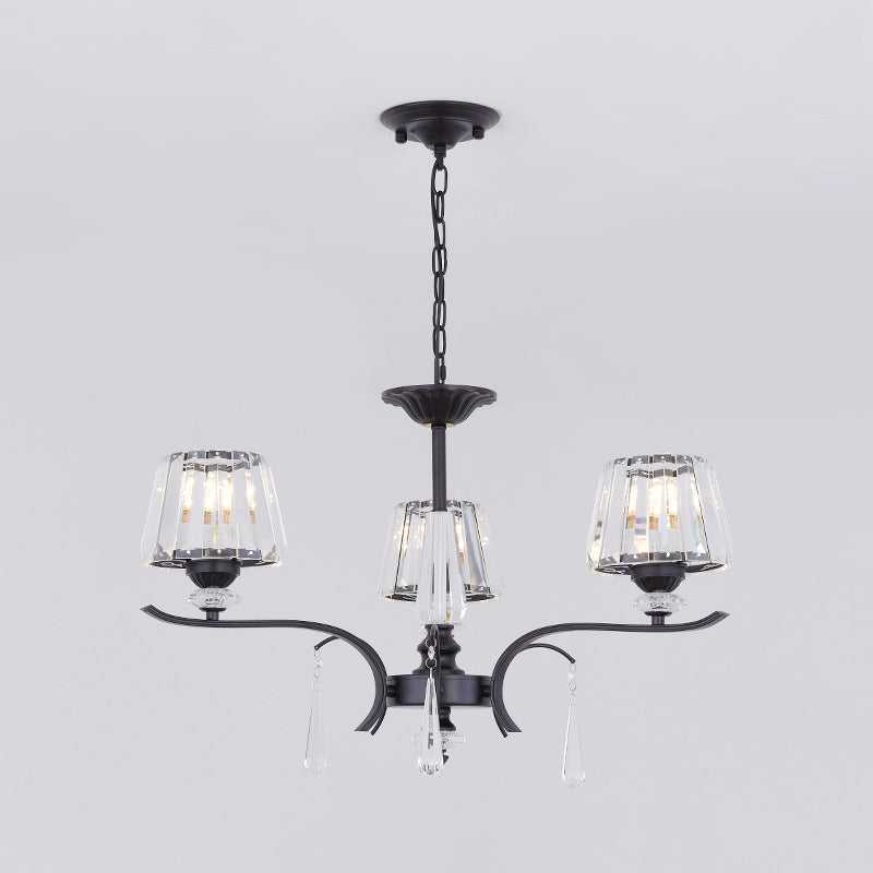 Crystal Block Cone Chandelier Modernism 3/6-Bulb Bedroom Ceiling Suspension Lamp in Black Clearhalo 'Ceiling Lights' 'Chandeliers' 'Modern Chandeliers' 'Modern' Lighting' 883092