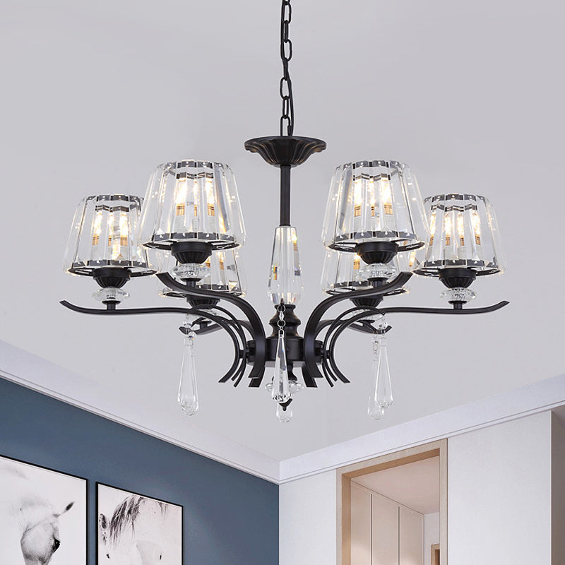 Crystal Block Cone Chandelier Modernism 3/6-Bulb Bedroom Ceiling Suspension Lamp in Black 6 Black Clearhalo 'Ceiling Lights' 'Chandeliers' 'Modern Chandeliers' 'Modern' Lighting' 883094