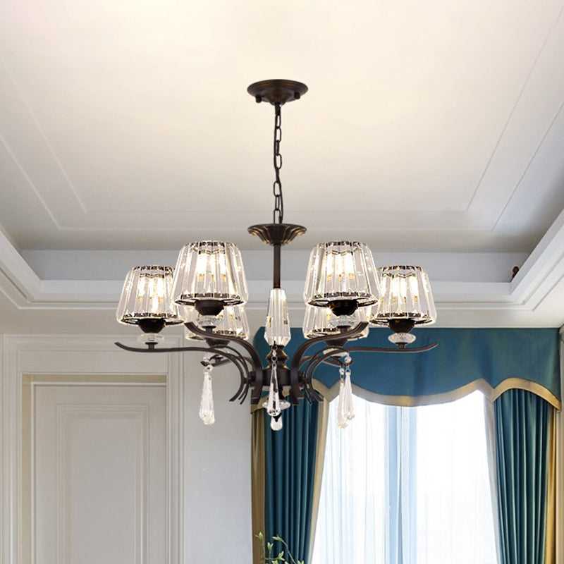 Crystal Block Cone Chandelier Modernism 3/6-Bulb Bedroom Ceiling Suspension Lamp in Black Clearhalo 'Ceiling Lights' 'Chandeliers' 'Modern Chandeliers' 'Modern' Lighting' 883095