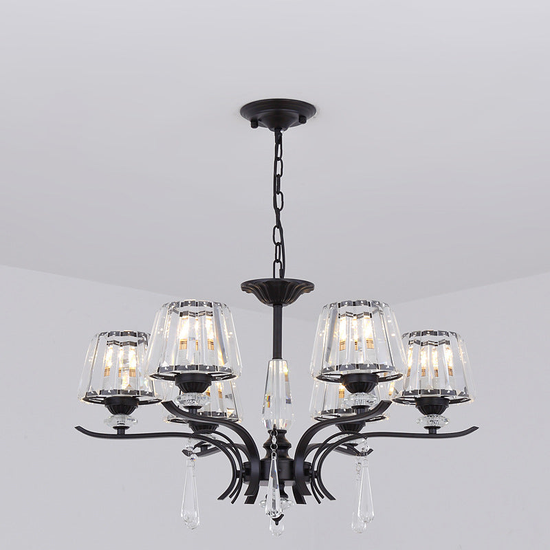 Crystal Block Cone Chandelier Modernism 3/6-Bulb Bedroom Ceiling Suspension Lamp in Black Clearhalo 'Ceiling Lights' 'Chandeliers' 'Modern Chandeliers' 'Modern' Lighting' 883096