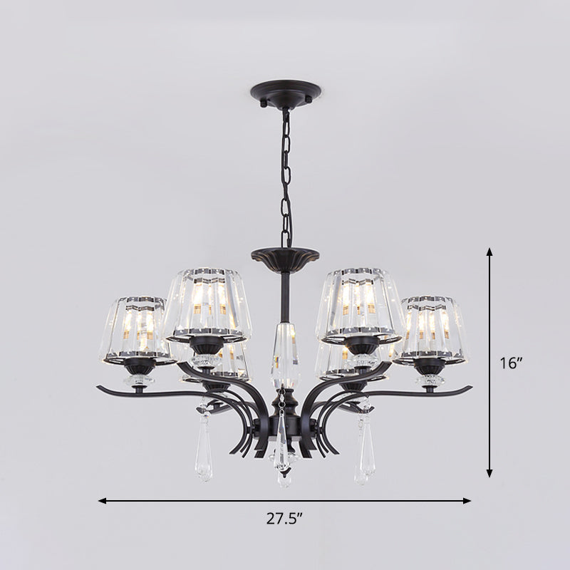 Crystal Block Cone Chandelier Modernism 3/6-Bulb Bedroom Ceiling Suspension Lamp in Black Clearhalo 'Ceiling Lights' 'Chandeliers' 'Modern Chandeliers' 'Modern' Lighting' 883098