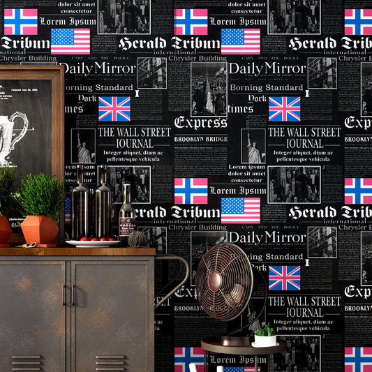 Vintage Newspaper with English Title and USA National Flags 33-foot x 20.5-inch Non-Pasted Washable Wallpaper Black Clearhalo 'Industrial wall decor' 'Industrial' 'Wallpaper' Wall Decor' 883773