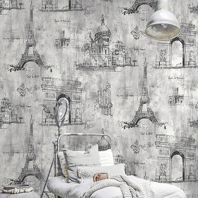 Vinyl Decorative Eiffel Tower Wallpaper Nordic Old Buildings Wall Decor, 21-inch x 33-foot Grey Clearhalo 'Industrial wall decor' 'Industrial' 'Wallpaper' Wall Decor' 885030