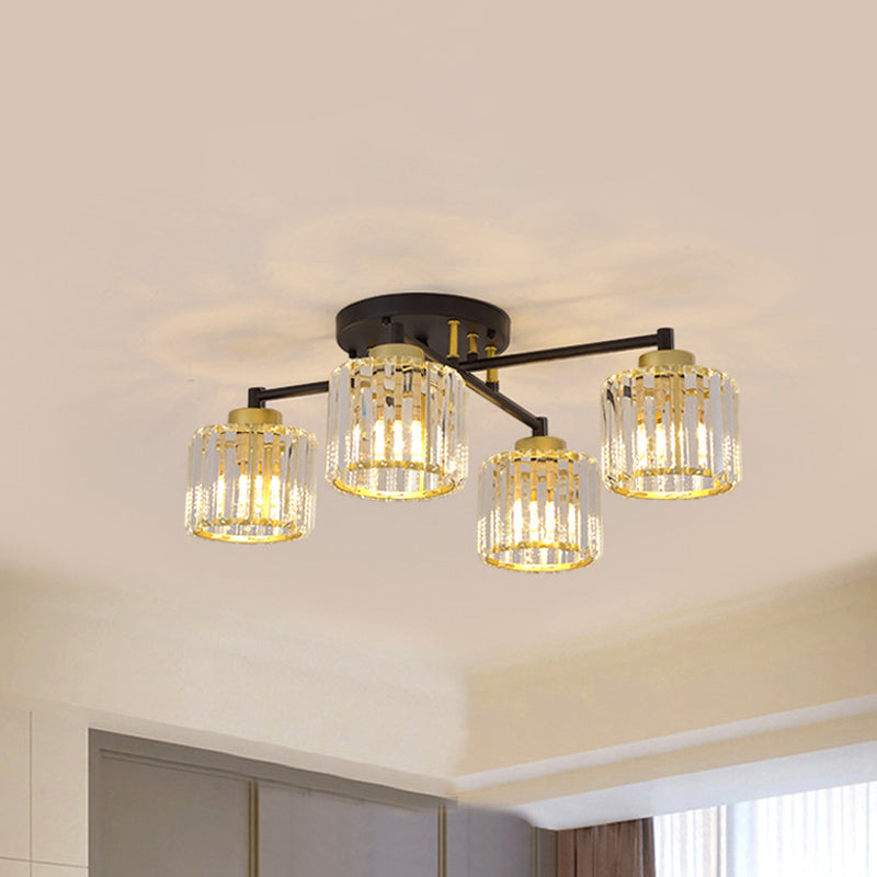 Cylinder Bedroom Semi Flush Light Minimalist Crystal Rectangle 4/6-Light Black and Gold Flushmount 4 Black-Gold Clearhalo 'Ceiling Lights' 'Close To Ceiling Lights' 'Close to ceiling' 'Semi-flushmount' Lighting' 885873