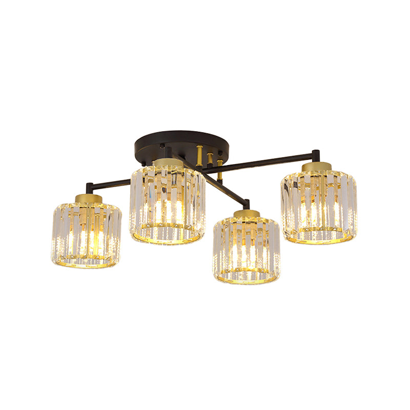 Cylinder Bedroom Semi Flush Light Minimalist Crystal Rectangle 4/6-Light Black and Gold Flushmount Clearhalo 'Ceiling Lights' 'Close To Ceiling Lights' 'Close to ceiling' 'Semi-flushmount' Lighting' 885874