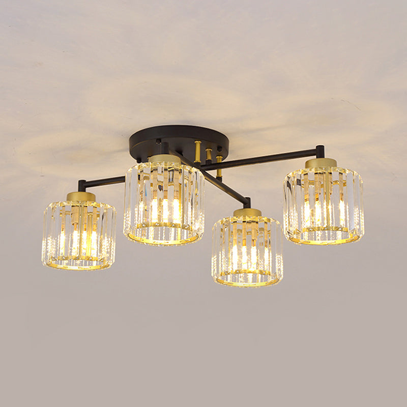 Cylinder Bedroom Semi Flush Light Minimalist Crystal Rectangle 4/6-Light Black and Gold Flushmount Clearhalo 'Ceiling Lights' 'Close To Ceiling Lights' 'Close to ceiling' 'Semi-flushmount' Lighting' 885875