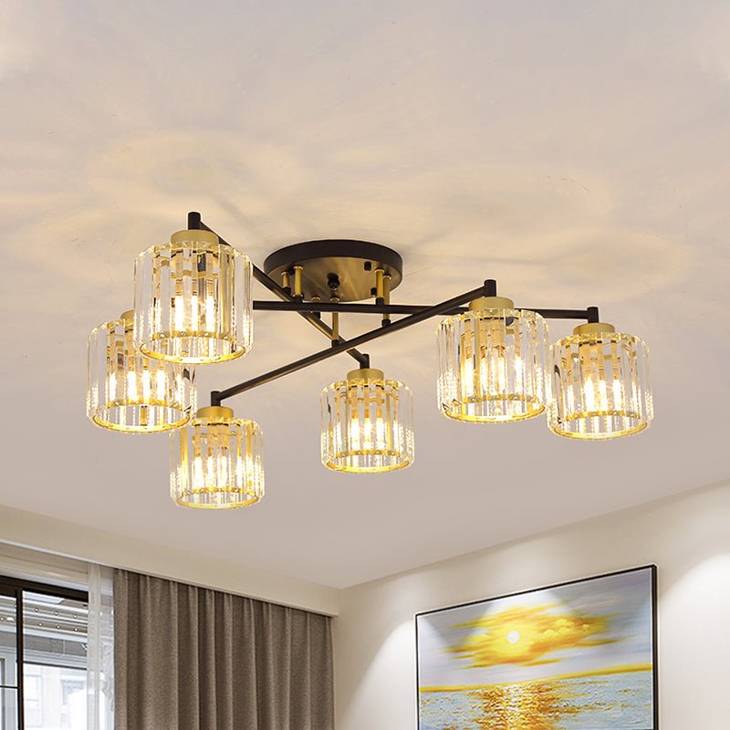 Cylinder Bedroom Semi Flush Light Minimalist Crystal Rectangle 4/6-Light Black and Gold Flushmount 6 Black-Gold Clearhalo 'Ceiling Lights' 'Close To Ceiling Lights' 'Close to ceiling' 'Semi-flushmount' Lighting' 885877