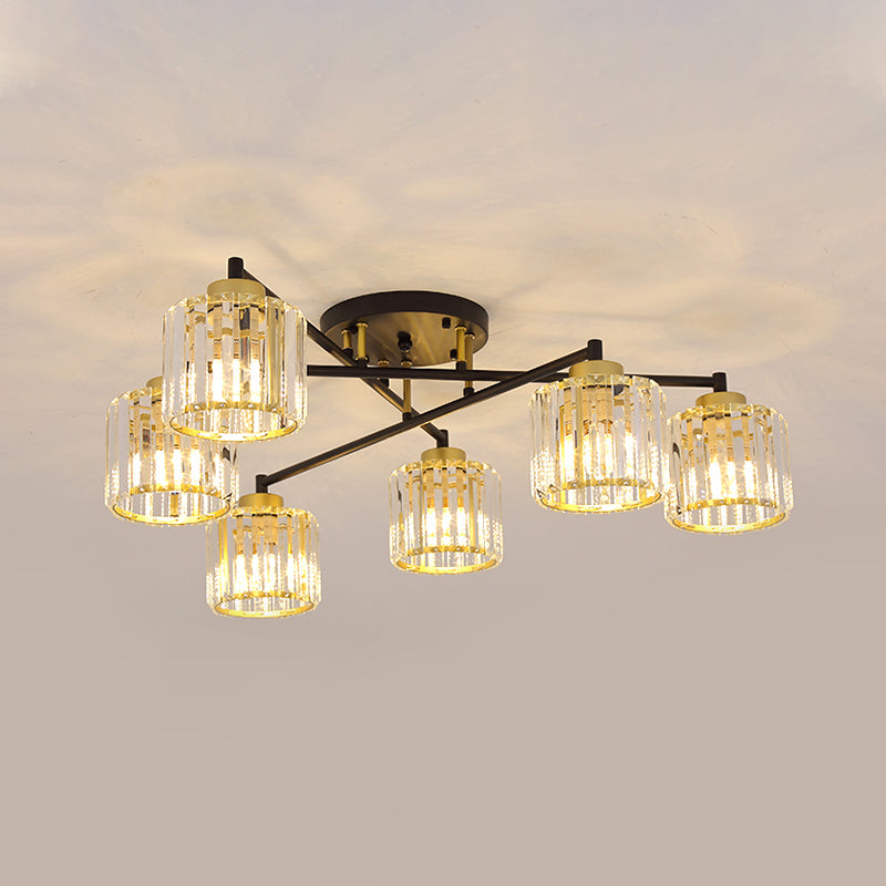 Cylinder Bedroom Semi Flush Light Minimalist Crystal Rectangle 4/6-Light Black and Gold Flushmount Clearhalo 'Ceiling Lights' 'Close To Ceiling Lights' 'Close to ceiling' 'Semi-flushmount' Lighting' 885880