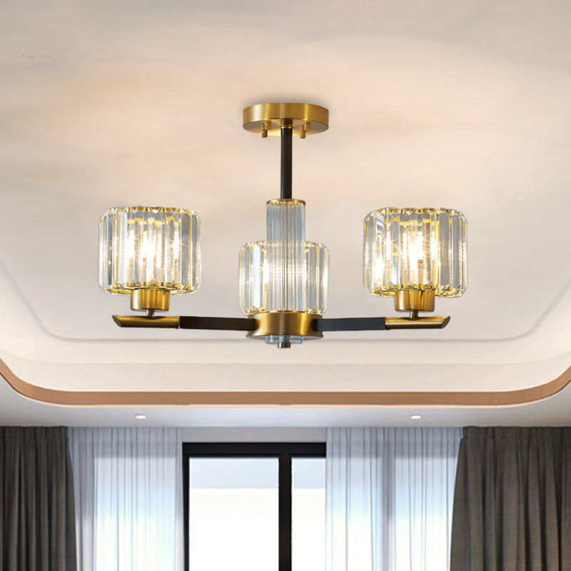 Simplicity Cylinder Semi Mount Lighting 3/6 Lights Crystal Block Ceiling Light in Black and Gold 3 Black-Gold Clearhalo 'Ceiling Lights' 'Close To Ceiling Lights' 'Close to ceiling' 'Semi-flushmount' Lighting' 885886