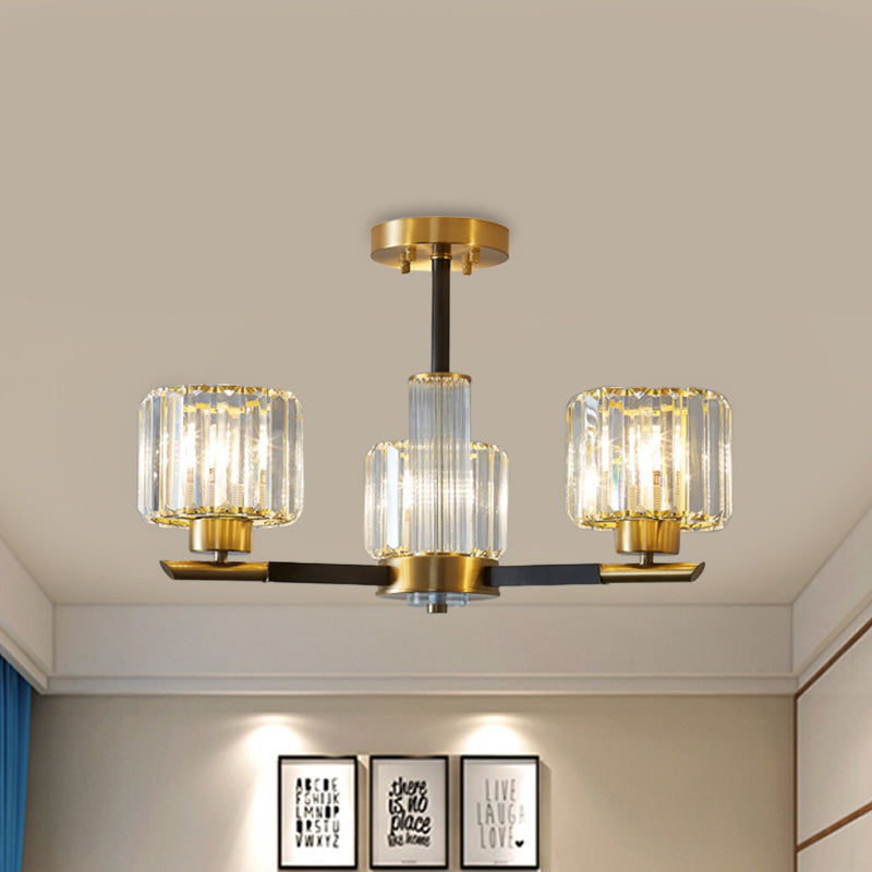 Simplicity Cylinder Semi Mount Lighting 3/6 Lights Crystal Block Ceiling Light in Black and Gold Clearhalo 'Ceiling Lights' 'Close To Ceiling Lights' 'Close to ceiling' 'Semi-flushmount' Lighting' 885887