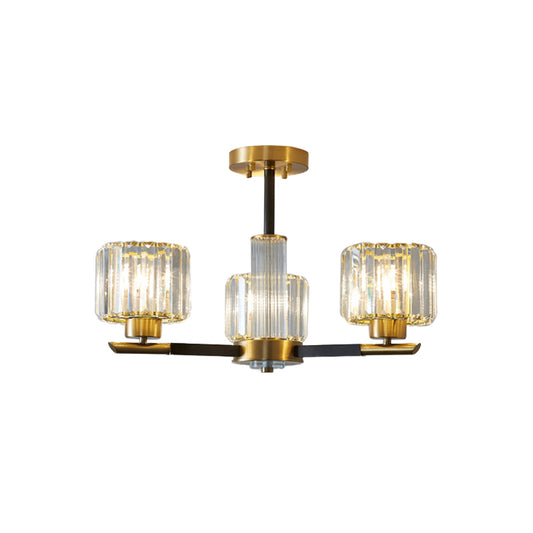 Simplicity Cylinder Semi Mount Lighting 3/6 Lights Crystal Block Ceiling Light in Black and Gold Clearhalo 'Ceiling Lights' 'Close To Ceiling Lights' 'Close to ceiling' 'Semi-flushmount' Lighting' 885888