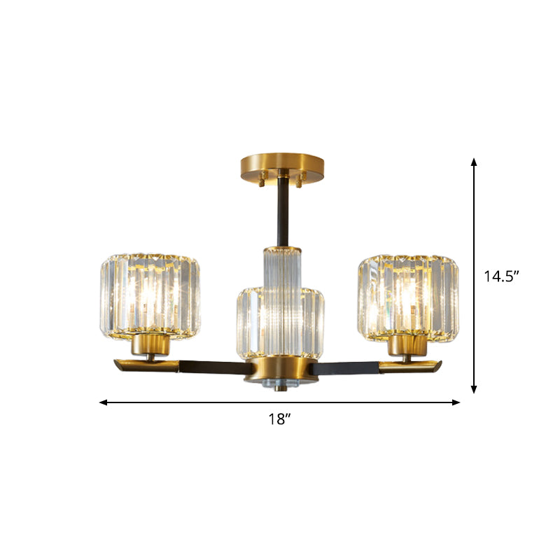 Simplicity Cylinder Semi Mount Lighting 3/6 Lights Crystal Block Ceiling Light in Black and Gold Clearhalo 'Ceiling Lights' 'Close To Ceiling Lights' 'Close to ceiling' 'Semi-flushmount' Lighting' 885889