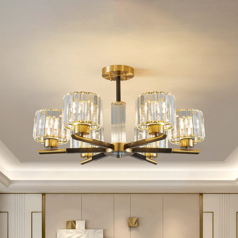 Simplicity Cylinder Semi Mount Lighting 3/6 Lights Crystal Block Ceiling Light in Black and Gold Clearhalo 'Ceiling Lights' 'Close To Ceiling Lights' 'Close to ceiling' 'Semi-flushmount' Lighting' 885892