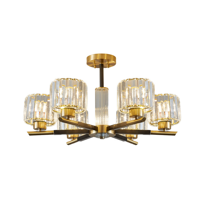 Simplicity Cylinder Semi Mount Lighting 3/6 Lights Crystal Block Ceiling Light in Black and Gold Clearhalo 'Ceiling Lights' 'Close To Ceiling Lights' 'Close to ceiling' 'Semi-flushmount' Lighting' 885893