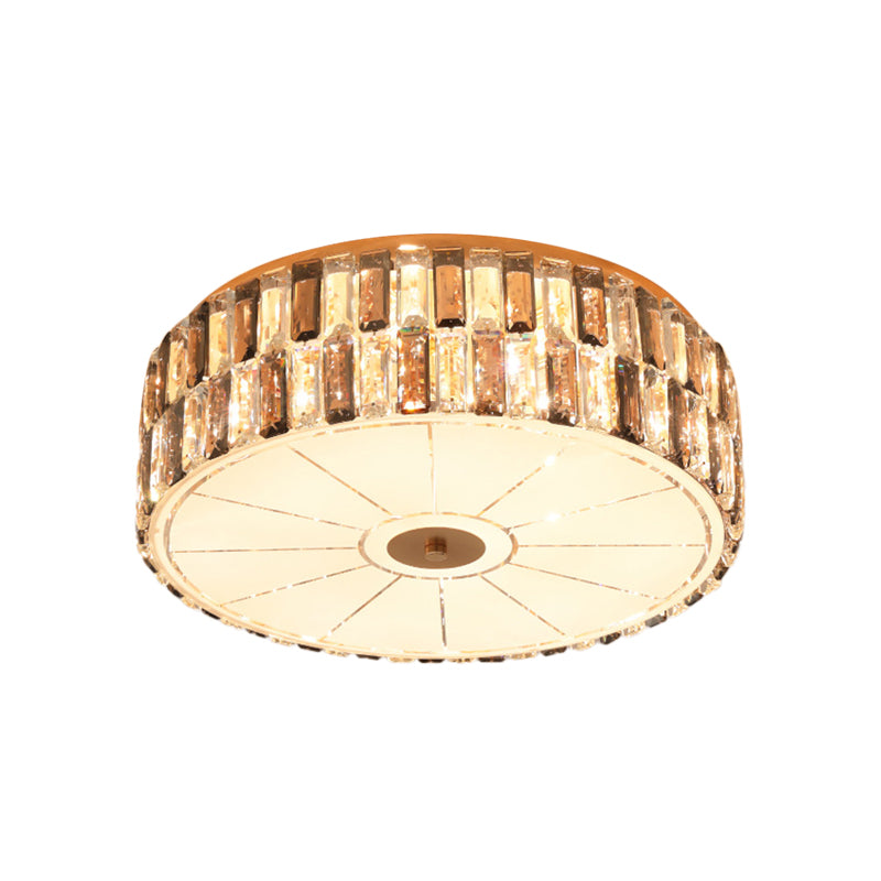 9-Bulb K9 Crystal Flush Light Simple Gold Drum Bedroom Flush Mount Lamp in Gold with Glass Diffuser Clearhalo 'Ceiling Lights' 'Close To Ceiling Lights' 'Close to ceiling' 'Flush mount' Lighting' 885896