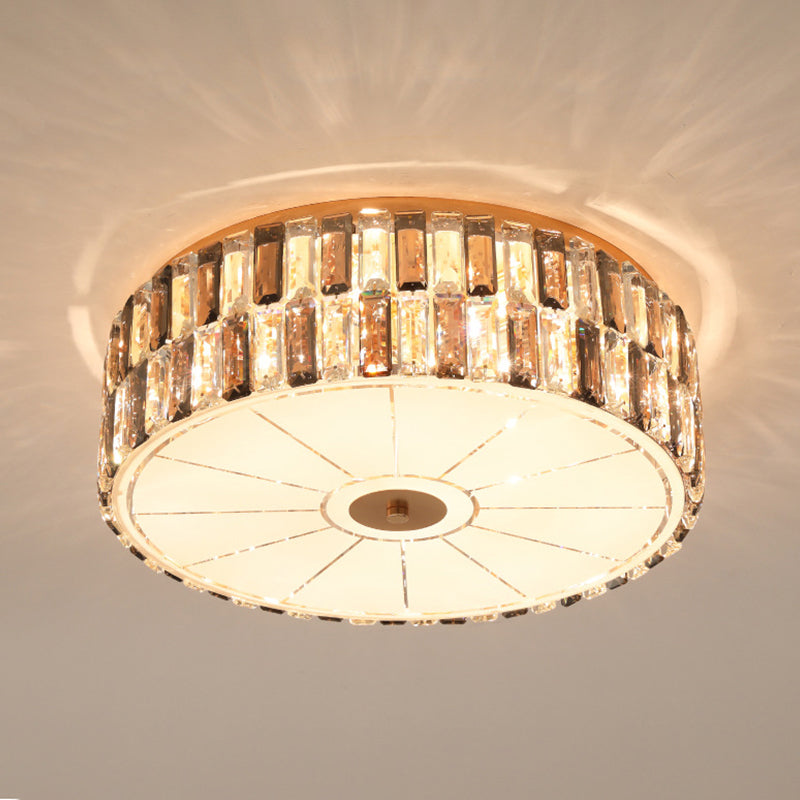 9-Bulb K9 Crystal Flush Light Simple Gold Drum Bedroom Flush Mount Lamp in Gold with Glass Diffuser Clearhalo 'Ceiling Lights' 'Close To Ceiling Lights' 'Close to ceiling' 'Flush mount' Lighting' 885897