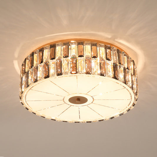 9-Bulb K9 Crystal Flush Light Simple Gold Drum Bedroom Flush Mount Lamp in Gold with Glass Diffuser Clearhalo 'Ceiling Lights' 'Close To Ceiling Lights' 'Close to ceiling' 'Flush mount' Lighting' 885897