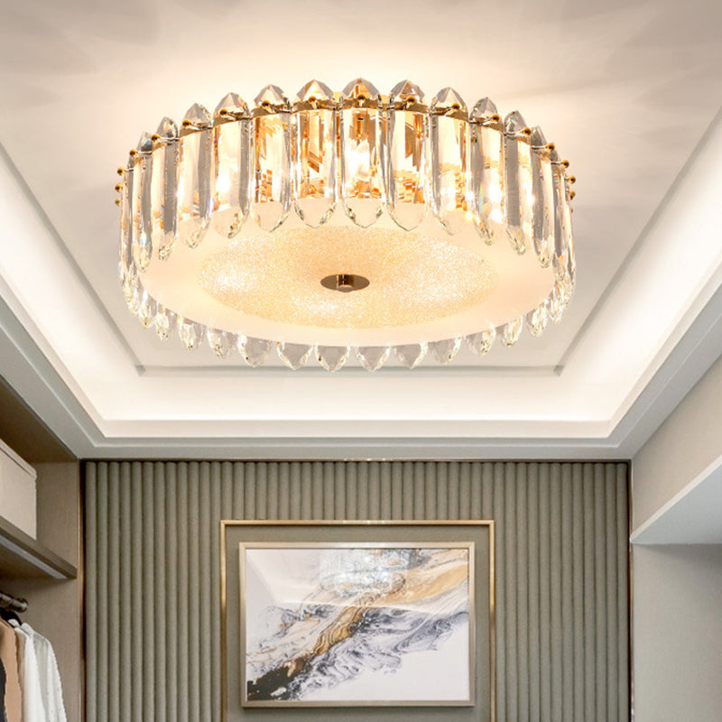 Drum Crystal Flushmount Lighting Simple 6 Bulbs Bedroom Flush Mount Light Fixture in Gold Gold Clearhalo 'Ceiling Lights' 'Close To Ceiling Lights' 'Close to ceiling' 'Flush mount' Lighting' 885899