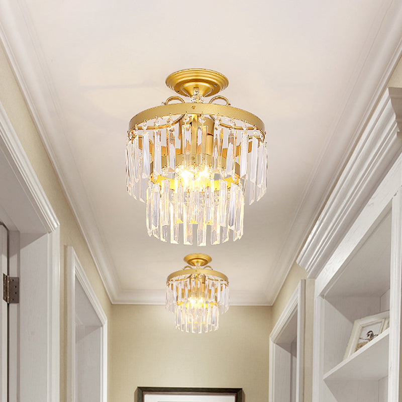 Crystal 2 Layers Semi Flush Postmodern 3/5 Bulbs Living Room Flush Mount Light Fixture in Gold 3 Gold Clearhalo 'Ceiling Lights' 'Close To Ceiling Lights' 'Close to ceiling' 'Semi-flushmount' Lighting' 885907