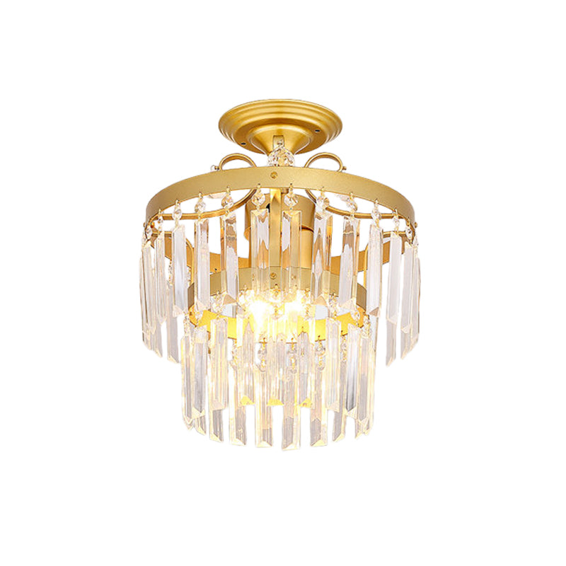 Crystal 2 Layers Semi Flush Postmodern 3/5 Bulbs Living Room Flush Mount Light Fixture in Gold Clearhalo 'Ceiling Lights' 'Close To Ceiling Lights' 'Close to ceiling' 'Semi-flushmount' Lighting' 885908