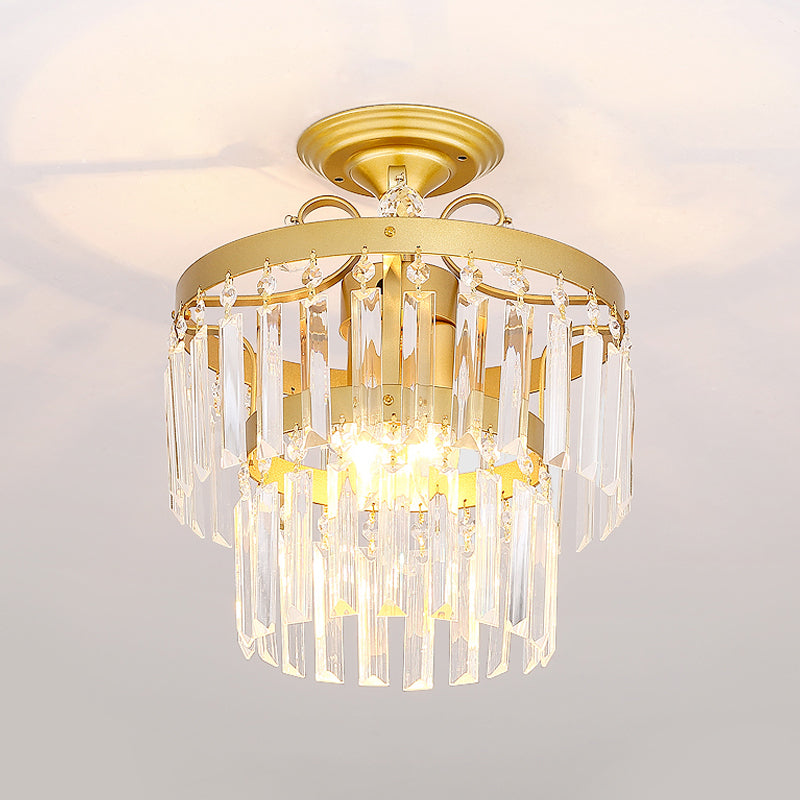 Crystal 2 Layers Semi Flush Postmodern 3/5 Bulbs Living Room Flush Mount Light Fixture in Gold Clearhalo 'Ceiling Lights' 'Close To Ceiling Lights' 'Close to ceiling' 'Semi-flushmount' Lighting' 885909