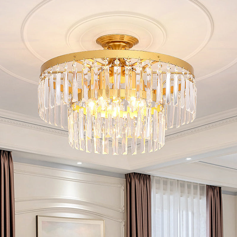 Crystal 2 Layers Semi Flush Postmodern 3/5 Bulbs Living Room Flush Mount Light Fixture in Gold 5 Gold Clearhalo 'Ceiling Lights' 'Close To Ceiling Lights' 'Close to ceiling' 'Semi-flushmount' Lighting' 885911