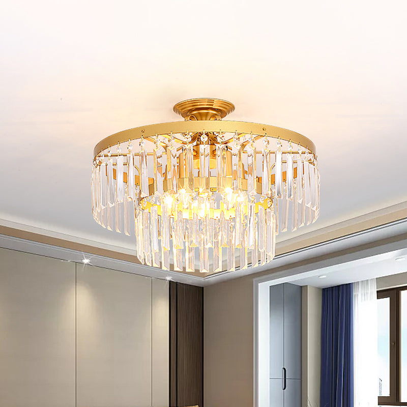 Crystal 2 Layers Semi Flush Postmodern 3/5 Bulbs Living Room Flush Mount Light Fixture in Gold Clearhalo 'Ceiling Lights' 'Close To Ceiling Lights' 'Close to ceiling' 'Semi-flushmount' Lighting' 885912