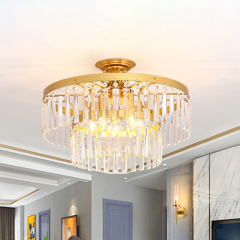 Crystal 2 Layers Semi Flush Postmodern 3/5 Bulbs Living Room Flush Mount Light Fixture in Gold Clearhalo 'Ceiling Lights' 'Close To Ceiling Lights' 'Close to ceiling' 'Semi-flushmount' Lighting' 885913