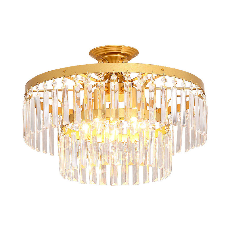 Crystal 2 Layers Semi Flush Postmodern 3/5 Bulbs Living Room Flush Mount Light Fixture in Gold Clearhalo 'Ceiling Lights' 'Close To Ceiling Lights' 'Close to ceiling' 'Semi-flushmount' Lighting' 885914