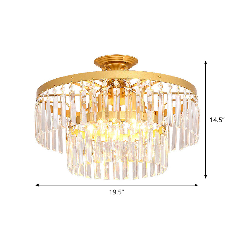 Crystal 2 Layers Semi Flush Postmodern 3/5 Bulbs Living Room Flush Mount Light Fixture in Gold Clearhalo 'Ceiling Lights' 'Close To Ceiling Lights' 'Close to ceiling' 'Semi-flushmount' Lighting' 885915