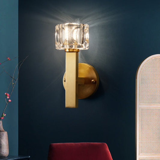 Modern Cylindrical Sconce Light 1/2-Bulb Clear Crystal Block Wall Lighting Fixture in Brass for Living Room 1.0 Brass Clearhalo 'Cast Iron' 'Glass' 'Industrial' 'Modern wall lights' 'Modern' 'Tiffany' 'Traditional wall lights' 'Wall Lamps & Sconces' 'Wall Lights' Lighting' 885916