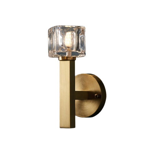 Modern Cylindrical Sconce Light 1/2-Bulb Clear Crystal Block Wall Lighting Fixture in Brass for Living Room Clearhalo 'Cast Iron' 'Glass' 'Industrial' 'Modern wall lights' 'Modern' 'Tiffany' 'Traditional wall lights' 'Wall Lamps & Sconces' 'Wall Lights' Lighting' 885917